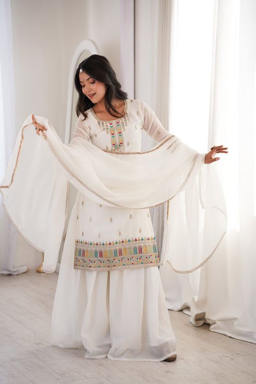 PURE SOFT CRUNCHY SILK FABRIC TOP,SHARARA WITH DUPATTA SET READY TO WEAR