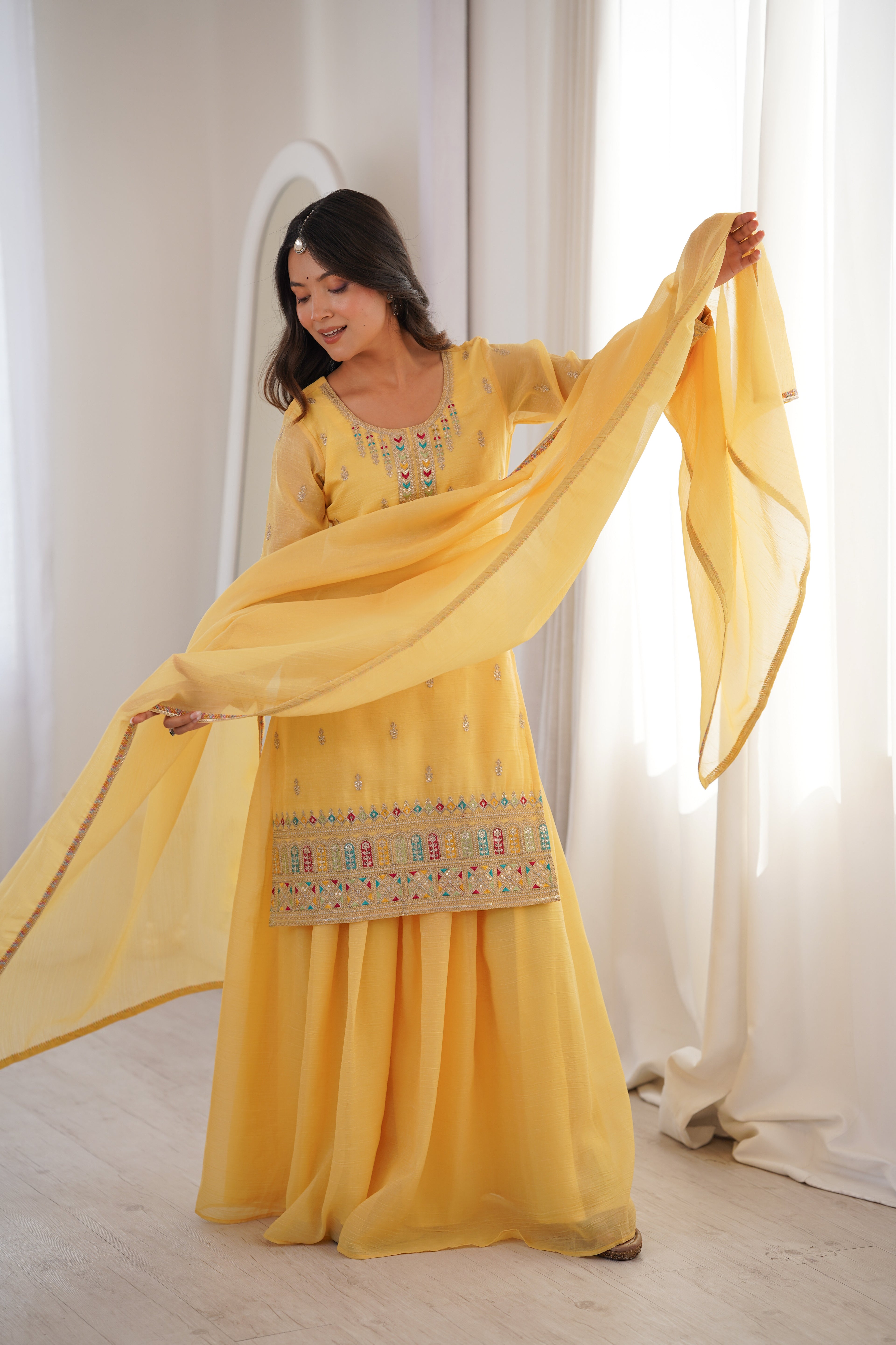 PURE SOFT CRUNCHY SILK FABRIC TOP,SHARARA WITH DUPATTA SET READY TO WEAR